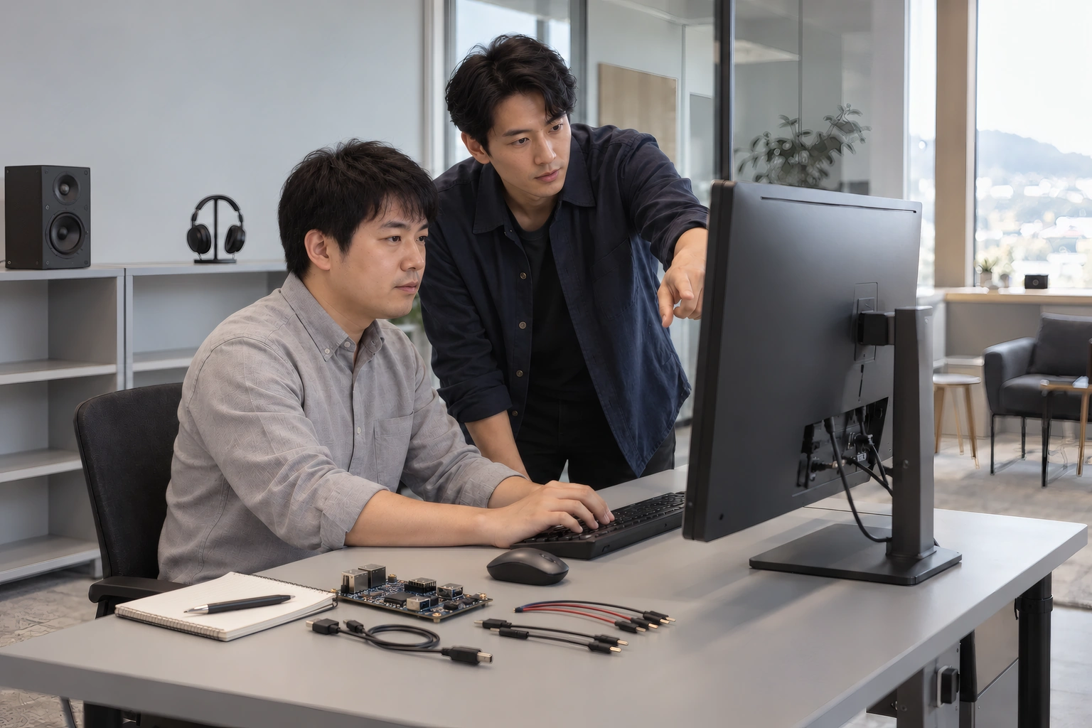 Two engineers reviewing software at a development workstation