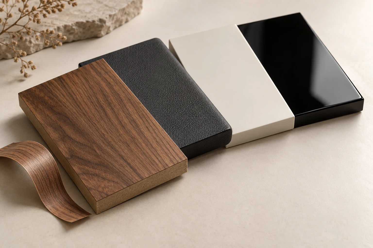 Walnut veneer, fabric, painted and piano-black finish samples