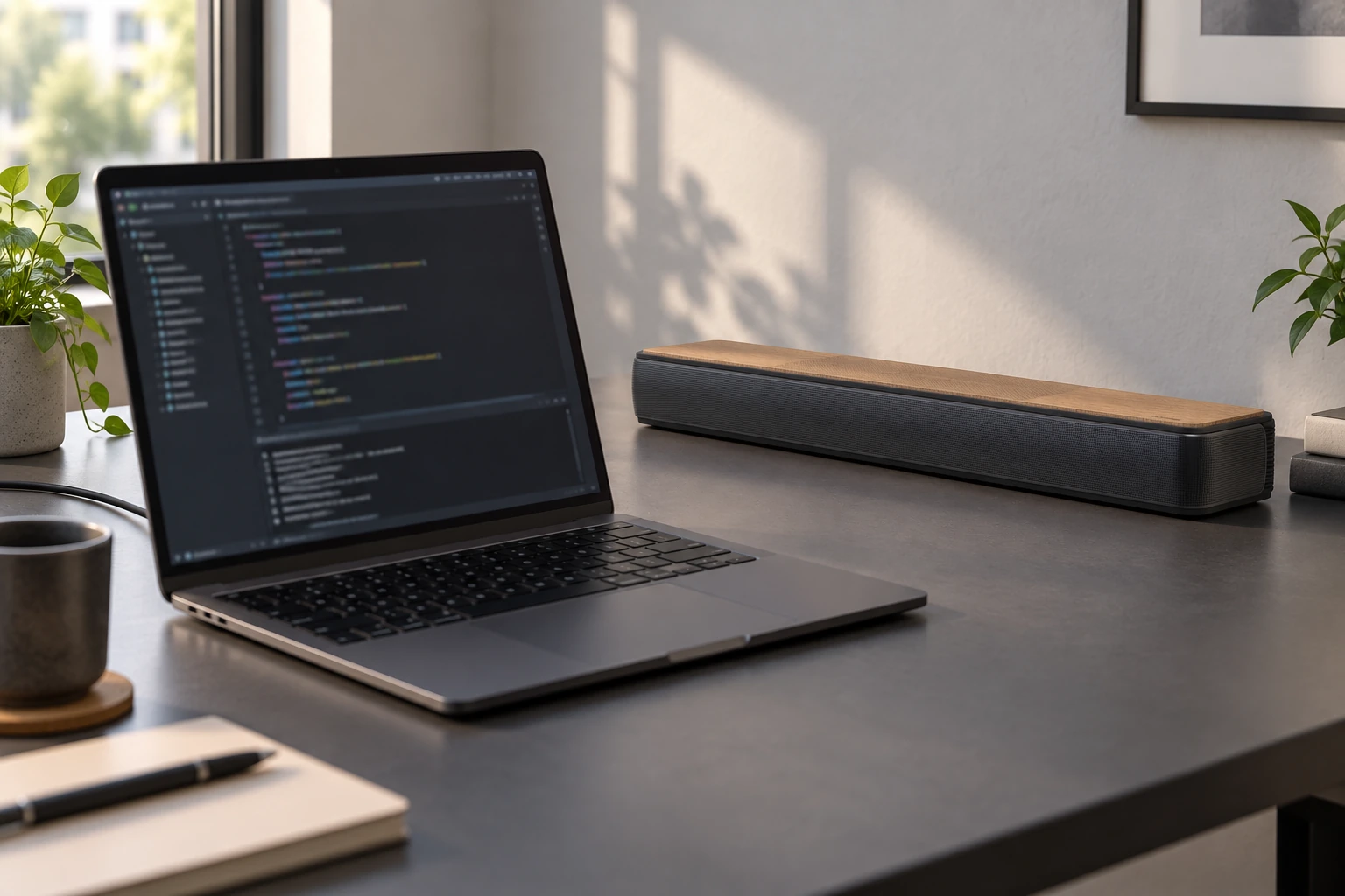 Firmware development on a laptop beside a soundbar