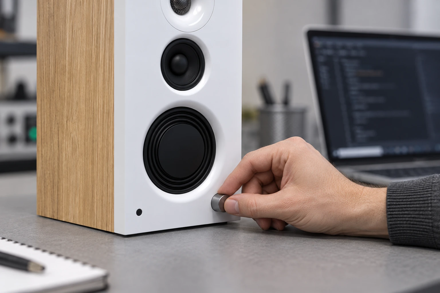 Engineer adjusting a wireless bookshelf speaker