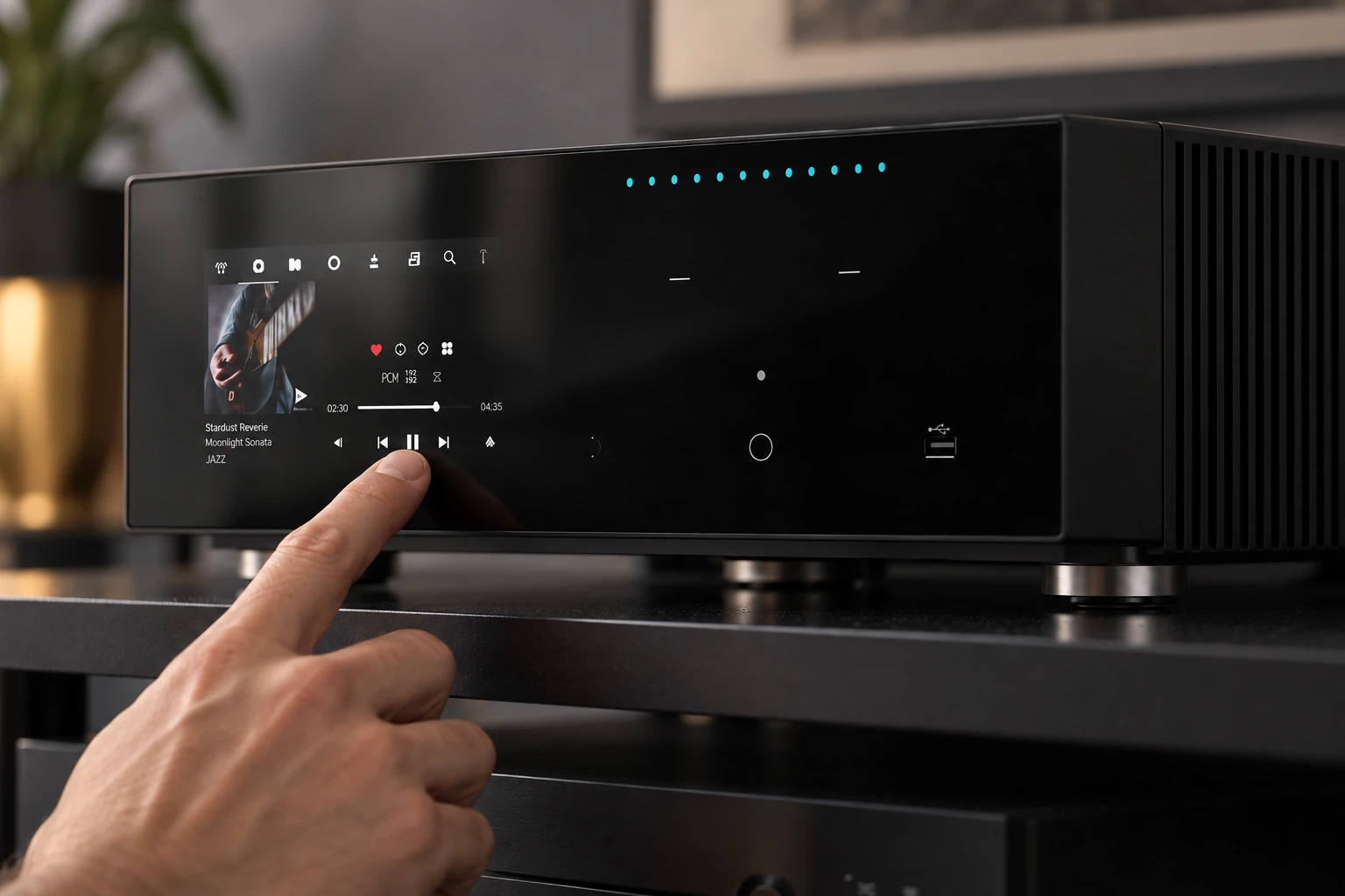 Hand using the front panel of a streaming amplifier