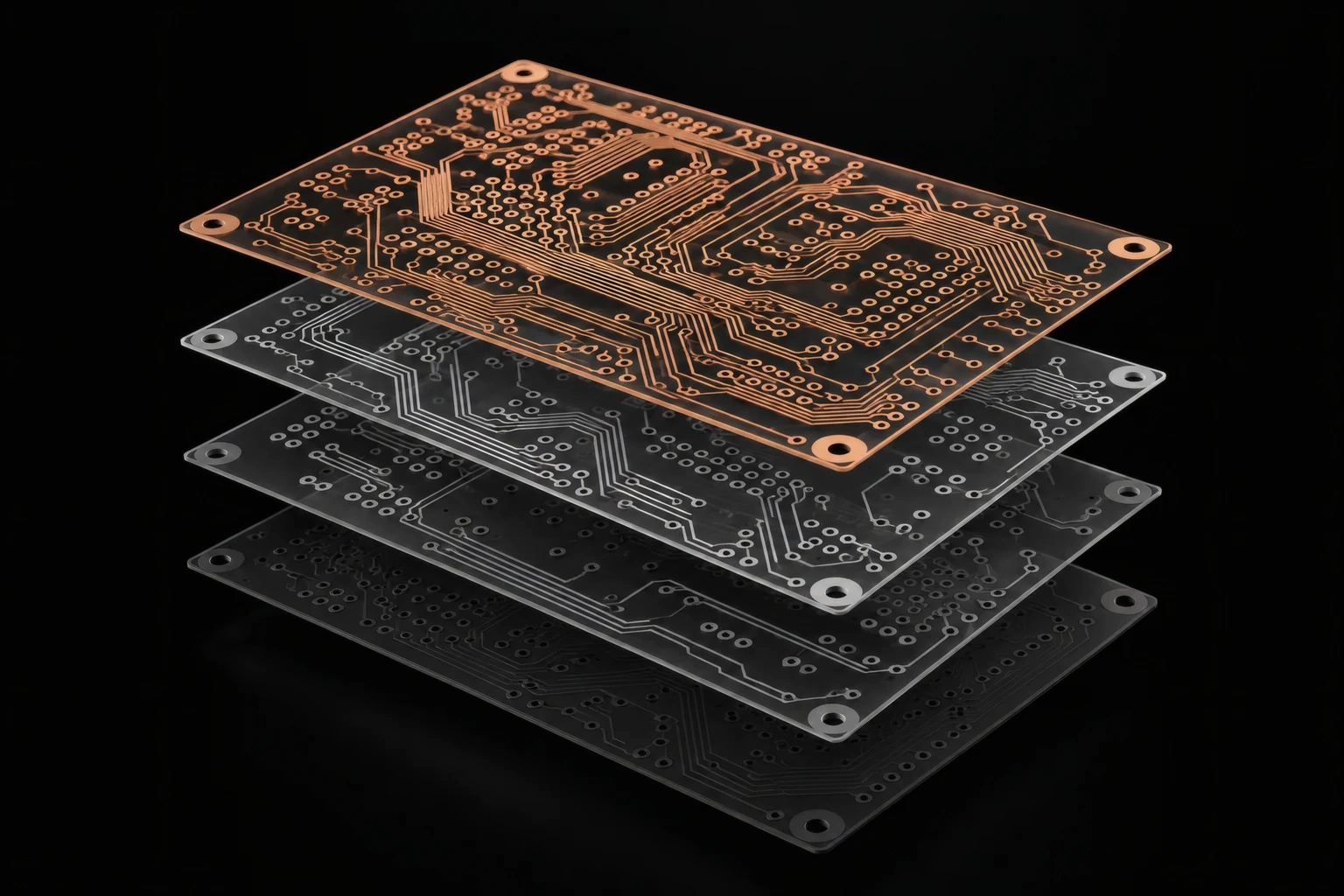 Stacked PCB layers showing multi-layer circuit routing