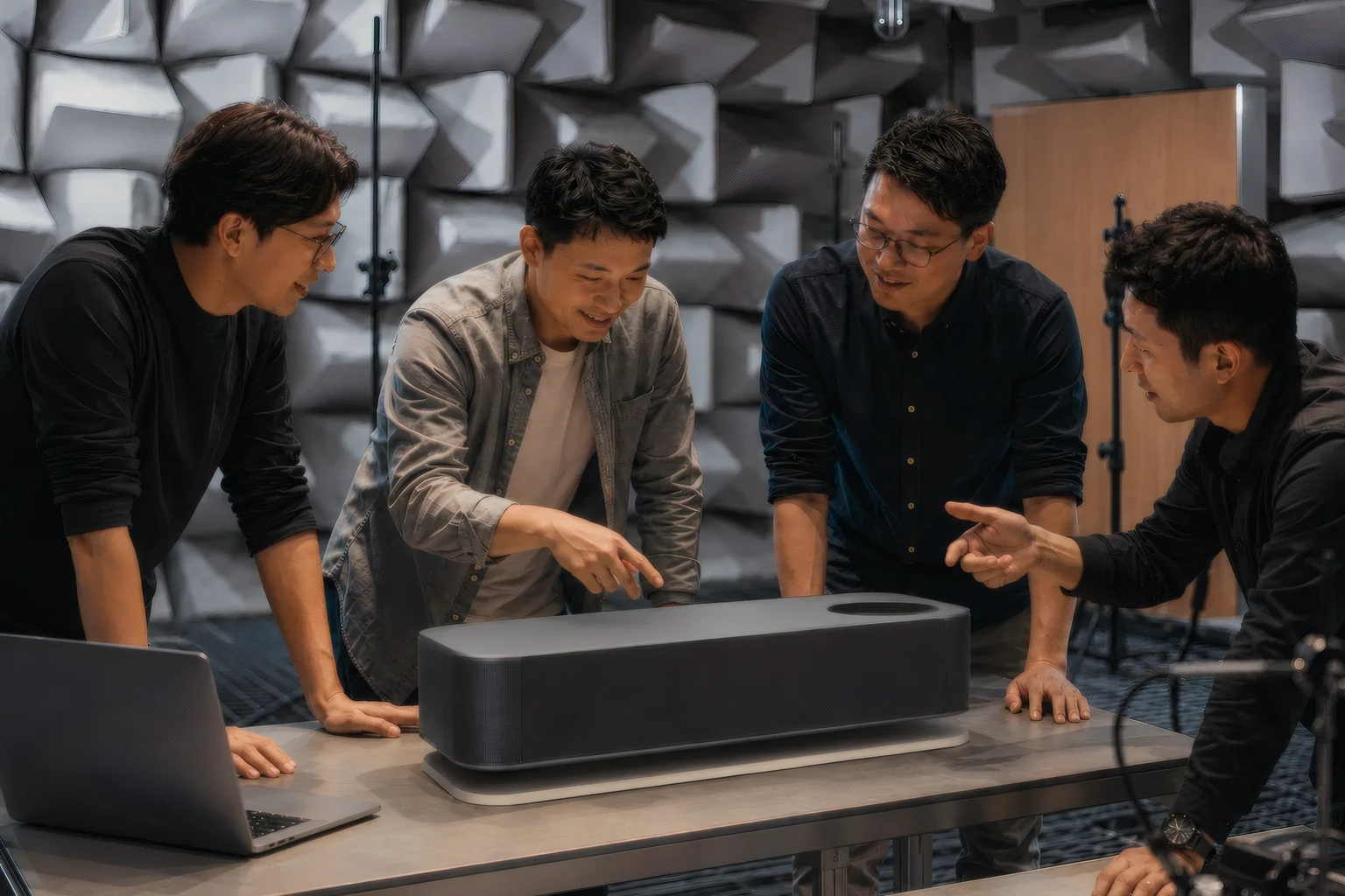 Engineers reviewing a soundbar together in the anechoic chamber