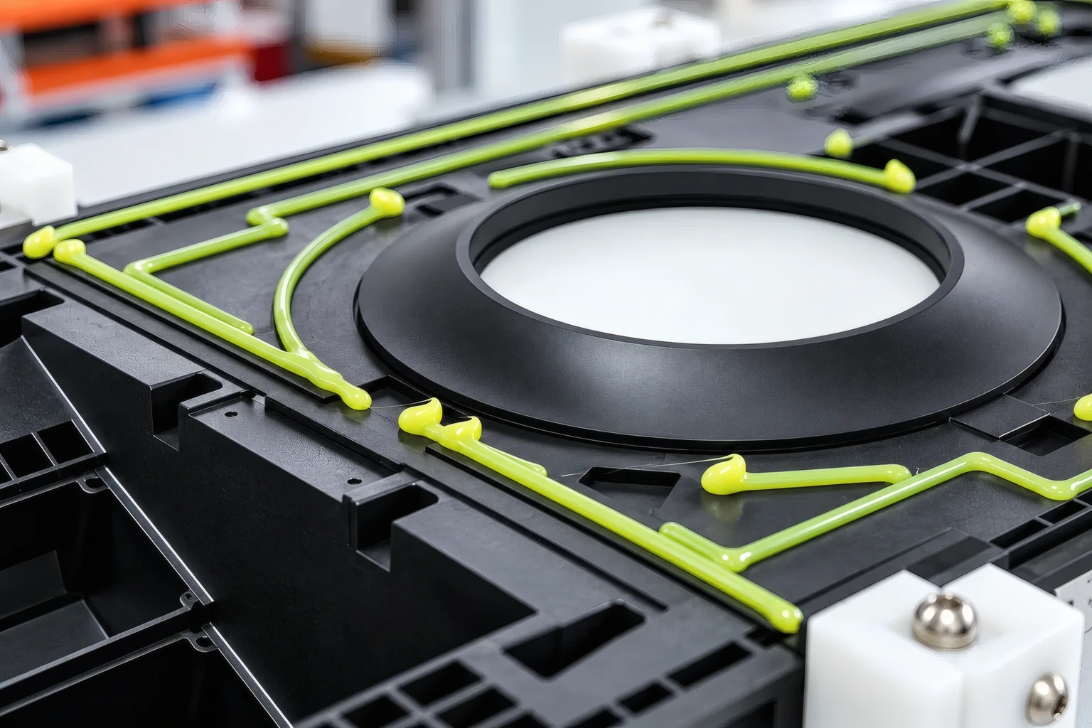 Adhesive bead dispensed on a molded speaker enclosure in its fixture