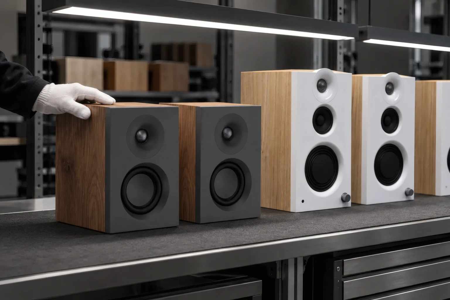 Finished wood bookshelf speakers on an inspection line