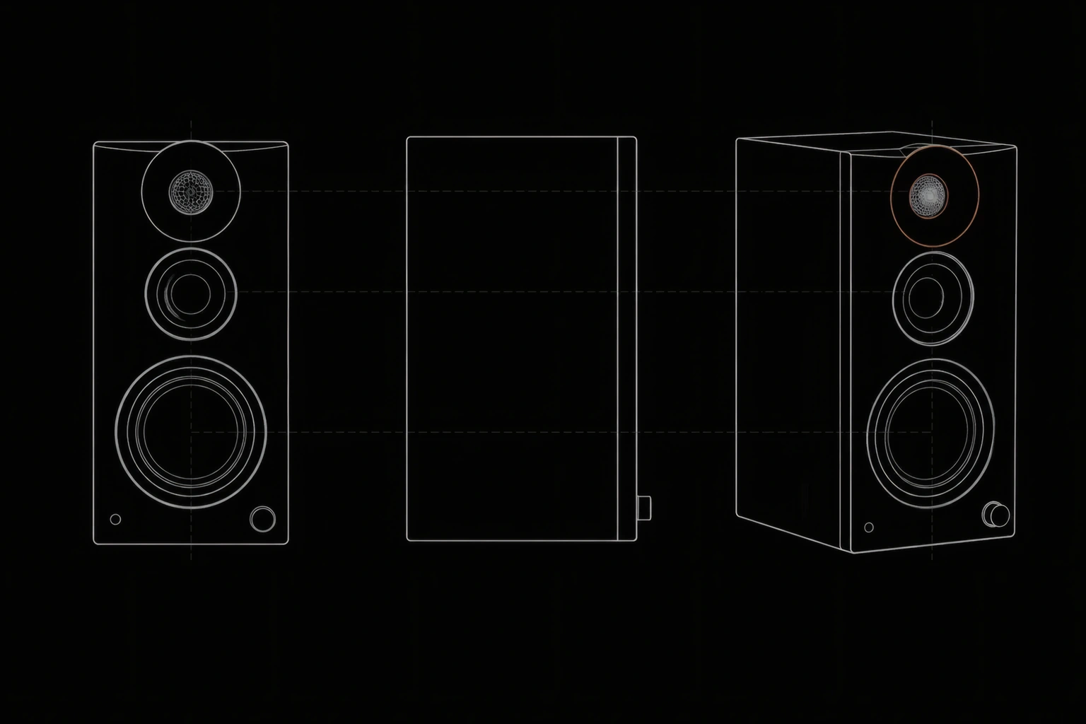 Front, side and three-quarter line drawings of a bookshelf speaker