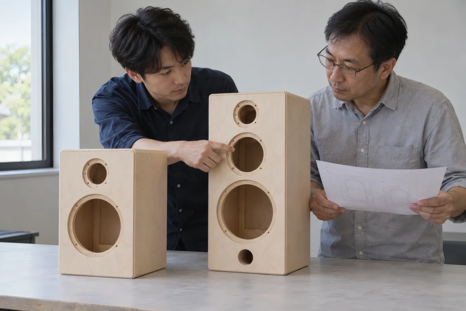 Engineers reviewing two-way and three-way cabinet prototypes
