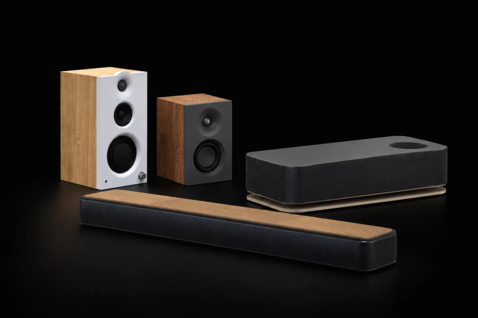 Bookshelf speakers, a soundbar and a wireless speaker from one product family