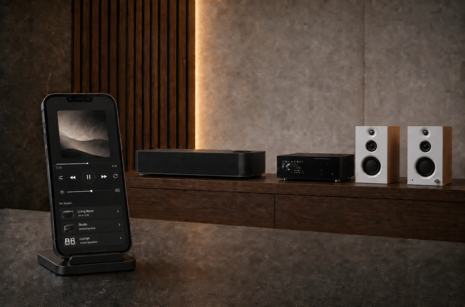 Connected streaming audio platform with mobile app, streaming amplifier, and active speakers